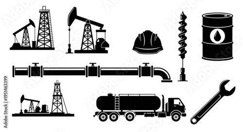 Oil Industry Elements - Derrick, Pumpjack, Pipeline, Truck, and Tools.