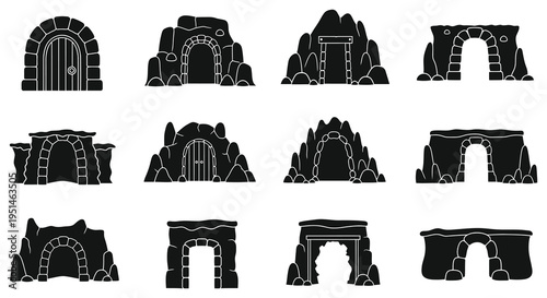 A collection of cartoon cave entrances and rocky formations presented in a stark black silhouette high quality professional detailed modern elegant
