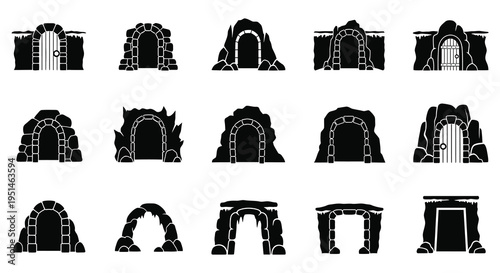 A collection of stone archways and doorways in a stark black graphic style forming a repeating pattern silhouette high quality professional