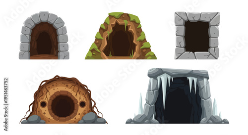 A collection of fantastical cave entrances and openings in various stone styles presented as a dark silhouette high quality professional detailed