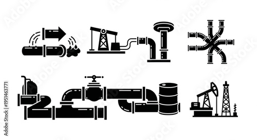 Oil and Gas Industry Pipeline System Icons Set.