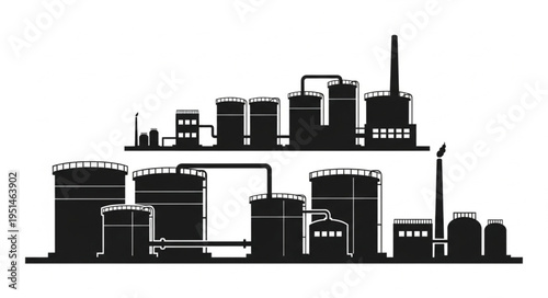 Silhouette of an Industrial Plant with Tanks and Chimneys.