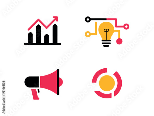 Flat stock market concept icons including graph chart idea bulb megaphone and gear vector illustration