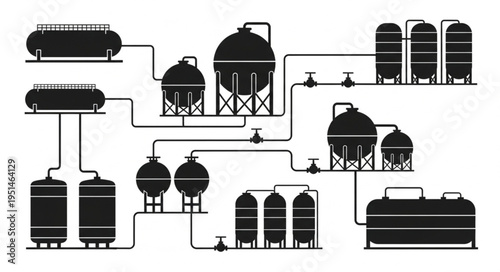 Industrial Plant Schematic - Complex Network of Tanks and Pipelines.