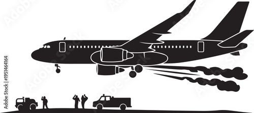 Black silhouette airplane taking off with people and vehicles on