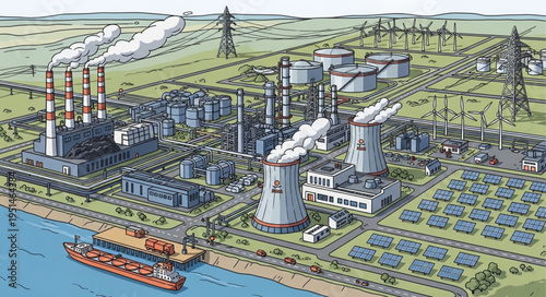 Industrial Complex Illustration - A Detailed View of a Large Facility.