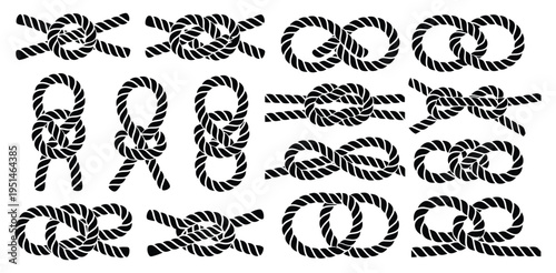 Nautical Rope Knot Silhouette Set, Bowline, Figure Eight, Square Knot, Reef Knot, Carrick Bend, and Loop Variations, Sailor Rope Knot Illustration Collection