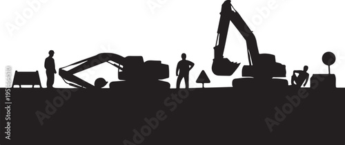 Black silhouette construction site with workers and excavator