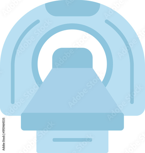 A professional flat vector illustration of a modern MRI or CT scanner machine, featuring a light blue circular gantry and a matching patient examination table.