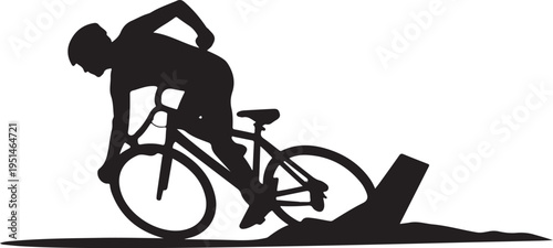 Black silhouette cyclist crashing bike over obstacle