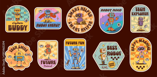 Robot characters on hippie groovy stickers and retro patches with droids, cartoon vector. Y2K funny groovy robot characters with happy faces and technology quotes, funky droids and futuristic bots