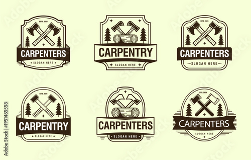 Set of vector carpentry woodwork vintage logo. Wood workshop or joiner craft studio.