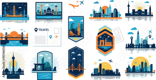 City Skyline Travel Badge Illustration Set Featuring Famous Landmarks, Urban Landscapes, Bridges, Monuments and Tourism Emblem Designs for Global Destinations Collection