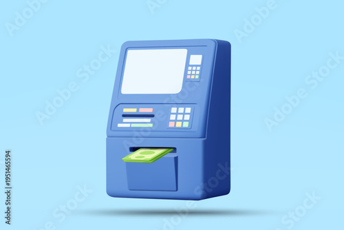 3D vector illustration of blue ATM machine dispensing green cash money on pastel blue background. Concept for finance banking withdrawal transaction payment wealth savings business template.