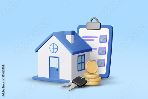 3D vector illustration of modern house clipboard with checklist gold coins and car keys on pastel blue background. Concept for real estate property investment mortgage loan buying home banner template