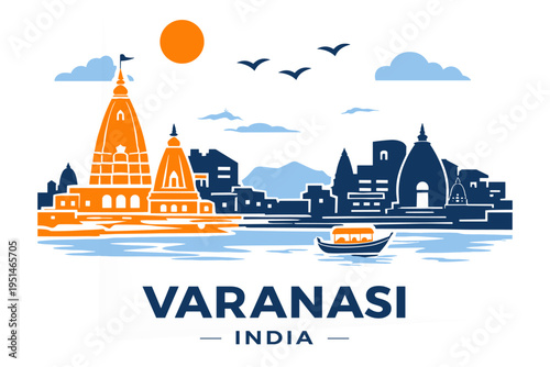 Varanasi Skyline Flat Vector Ganges River India Travel Landmark Temple City Illustration