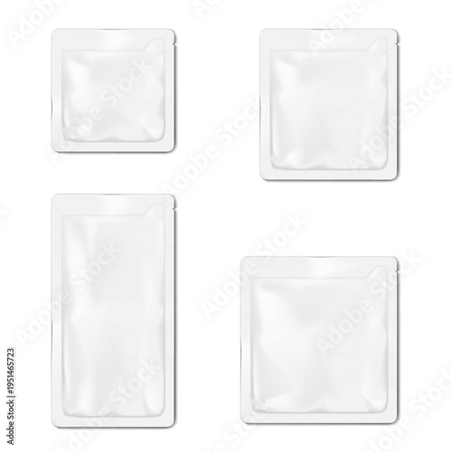 White blank sachet pouch. Realistic vector mockup set. Tear notch spout flat plastic bag. Mock-up. Food, cosmetic beauty product or medicine individual packet package. Template for design