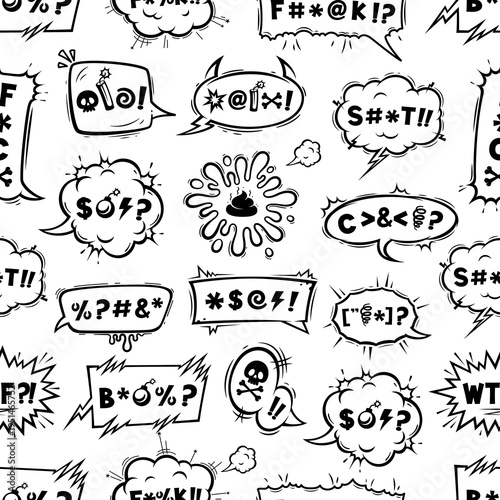 Comic swear speech bubbles vector seamless pattern. Black and white speech balloons with scribbled profanity marks, exaggerated curse words, expressive cloud bursts. Funny crayons seamless pattern