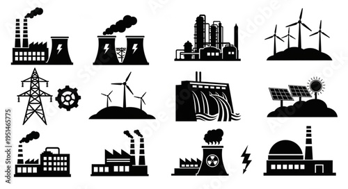 Collection of energy production and industrial facilities in silhouette.