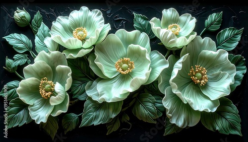 Green floral arrangement on dark background. Embossed botanical artwork with intricate petals and lush, shadowed leaves