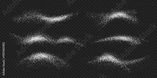 Realistic white sugar or salt powder, falling icing snow crystals or dust. Detailed vector sugar granules for food packaging, cooking blogs, product labels, or adding texture to culinary artwork