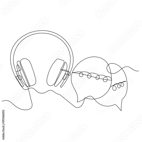 Continuous line art illustration of customer support headset with speech bubble. Minimalist outline drawing representing call center service, online communication, help desk, and technical support con