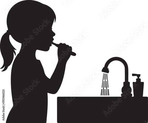 Black silhouette girl brushing teeth at sink with soap dispenser