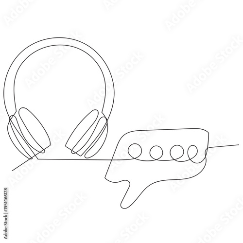 Continuous line art illustration of customer support headset with speech bubble. Minimalist outline drawing representing call center service, online communication, help desk, and technical support con