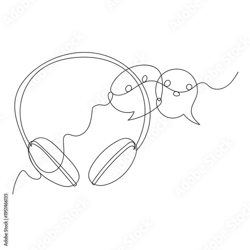 Continuous line art illustration of customer support headset with speech bubble. Minimalist outline drawing representing call center service, online communication, help desk, and technical support con