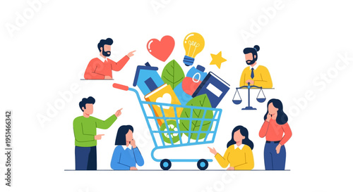 Comprehensive Life Choices: People Around a Shopping Cart of Values, Needs & Services Icons