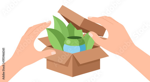 Hands Unboxing Eco-Friendly Package: Discovering Natural Skincare Product or Plant Pot with Green Leaves