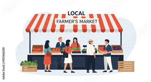 Local Farmer's Market with Customers Buying Fresh Fruits and Vegetables