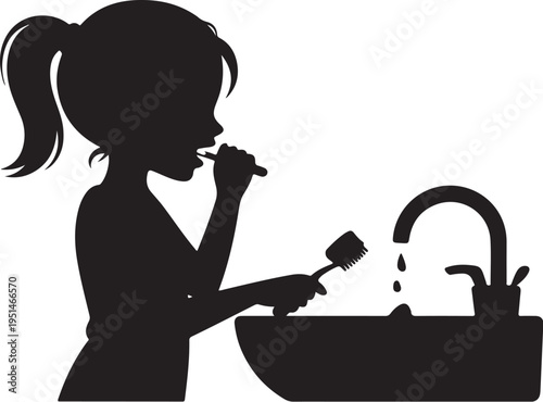 Black silhouette girl brushing teeth with toothbrush in bathroom sink