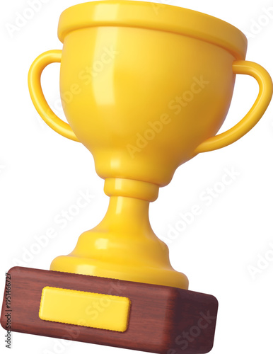 3D sport competition winner prize trophy cup, game award. Sport tournament award isolated vector item, competition winner 3D render icon. Championship trophy realistic object with wooden pedestal