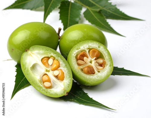 Green fruits, one sliced in half revealing seeds, nestled among several fern-like leaves on a clean white surface