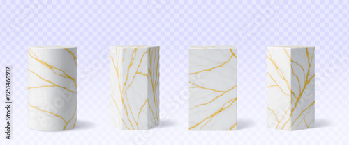 Marble pillar podium stage pedestals, luxury 3d stone stands with golden veins. Realistic 3d vector white column or blocks of shapes like square, cylindrical, hexagonal. Geometric pillar platforms