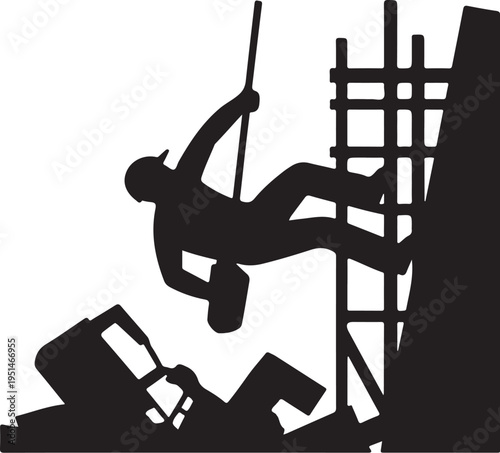 Black silhouette man climbing scaffolding with debris