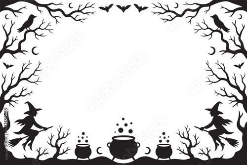 Black silhouette Halloween frame with witches cauldrons trees