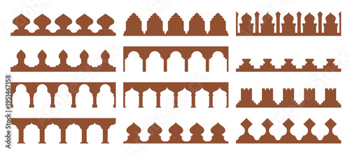 Old Arabian Saudi pattern decor, Islamic border, morocco shapes. Vector set of ornamental architectural Mughal and middle eastern crenellations or trims. Silhouettes of palaces, mosques and fortresses