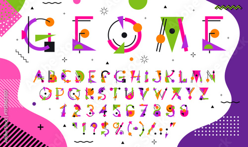 Geometric shapes font letters, creative stylish typeface. Geometric shapes vector typeset, funky graphic type. English alphabet or ABC font or typeface with purple, pin and green shapes