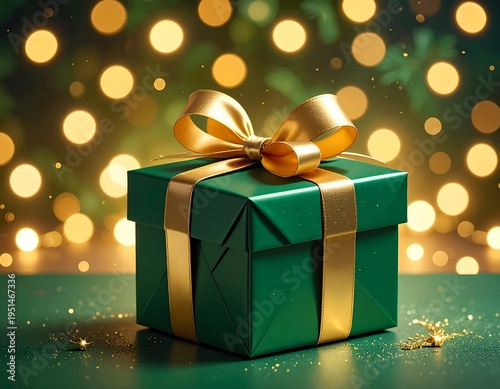 Green gift box with gold ribbon on a festive background