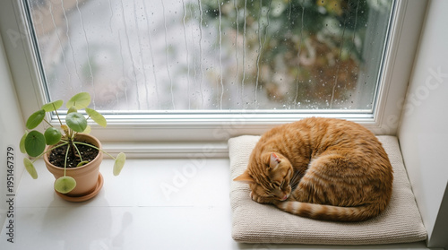 A peaceful tabby cat sleeping curled up on a rainy windowsill