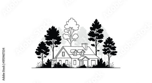 Charming house nestled among trees a striking black silhouette high quality