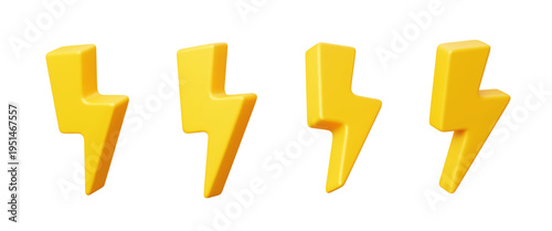 3D yellow lightning icons or thunder bolt and electric power energy arrows, vector icons. Yellow lightning 3D realistic elements of thunderbolt flash or battery power and electricity energy charge