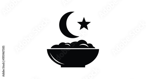 Islamic crescent moon and star above a landscape black silhouette