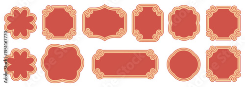 Chinese frames, gold borders, vector ornamental patterns, red labels, oriental logo elements, traditional decorative design, festive template, elegant borders, classic style