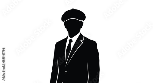 A sharply dressed man wearing a newsboy cap defined in black silhouette