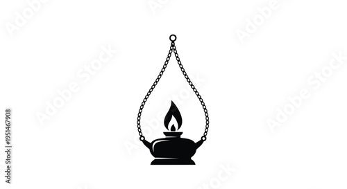 Vintage oil lamp hanging from a chain depicted in black silhouette