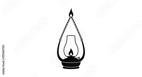 Black and white illustration of an oil lamp suspended by chains silhouette