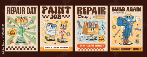 Construction, repair and diy tool characters y2k groovy hippie posters. Cartoon vector groovie hippy roller, paint can, brush, toolbox, screw and vise vintage home retro building equipment personages